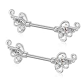 Gabry&jwl 2Pcs Vintage Flower Nipplerings 14G Stainless Steel Straight Barbell Nipple Ring Floral Filigree Inlay Cubic Zirconia Butterfly Wings Nipple Piercing for Women,Bar Lengh 14mm(Silver)