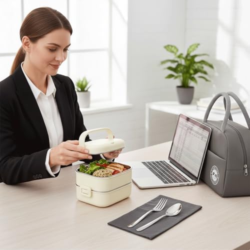 BitBloom Stainless Steel Lunch Box - 1400ml 2 -Layer Bento Box with Insulated Bag, Spoon & Fork, Leakproof, BPA-Free, Dishwasher Safe - Ideal for Kids & Adults, Office, School, Travel (Cream White)