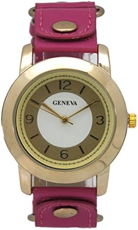 Leather Strap Watch Extra Wide Leather Back Hand Band Style Unisex Gold Silver Rose Gold Tone Watch Face (Hot Pink &amp; Gold)