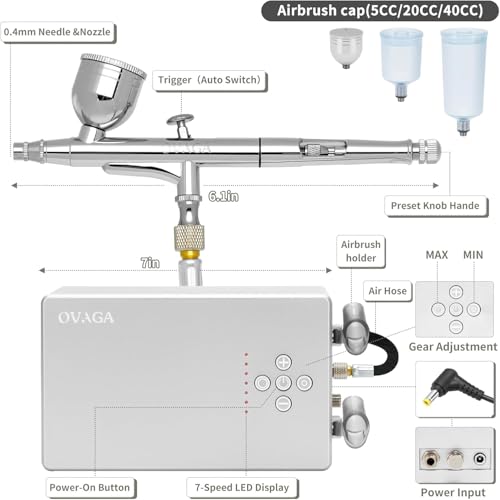Ovaga 55PSI Ultra-Silent Airbrush Kit, Dual-Action Multi-Function Airbrush Set with Compressor for Painting Portable Air Brush Set for Cake Decoration Makeup Art Craft Nail Design Model Tattoo,Silver
