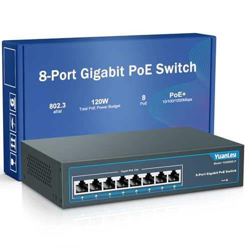 YuanLey 8 Port Gigabit PoE Switch, 8 PoE+ Port 1000Mbps, 120W 802.3af/at, Extend Function, Metal Fanless Unmanaged