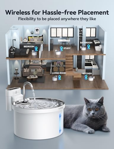 FEELNEEDY 3.5 L Cat Fountain Stainless Steel Wireless with Sensor, Drinking Fountain for Cats with Battery 4000 mAh Cats Battery Operated Water Fountain Super Quiet with 3 Filters (Acrylonitrile Butadiene Styrene (ABS))