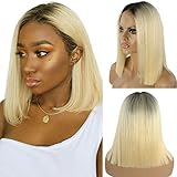 Long Bob Lace Front Wigs Pre Plucked Brazilian Glueless Human Hair Wig 2 Tone 1B/613 Straight Lace Wig for Black Women Bleached Knots Unprocessed Virgin Hair 14