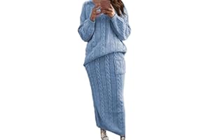 SHOPESSA Cable Knit Sweater Dress Women Two Piece Knit Set Long Sleeve Crewneck Tops and Stretchable Knit Skirt with Pockets