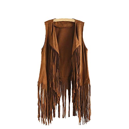 HIRIRI Women Fringe Vest Open Front Sleeveless Vest Cardigan Sleeveless Suede Ethnic Tassels Coat Outwear Khaki - Thumbnail 4