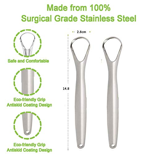 Tongue Scraper Cleaner Surgical Grade Stainless Steel (Pack of 2) - Tongue Cleaner for Adults, Kids, Men & Women - Cure Bad Breath with BPA-Free Metal Tongue Scrapers for Better Dental Hygiene