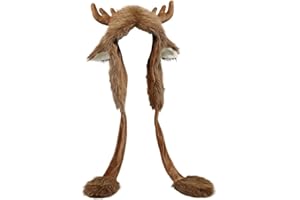 Brown Moose Plush Hat, Cute Animal Horns Ears Winter Hat Plush Fur Warm Trapper Hat, Christmas Elk Antlers Fleece Hat with Ea