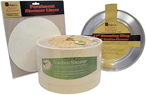 Bamboo Steamer Set, Helen Chen's 10 In. dumpling Steamer Bundled With Parchment Liners And Steaming Ring