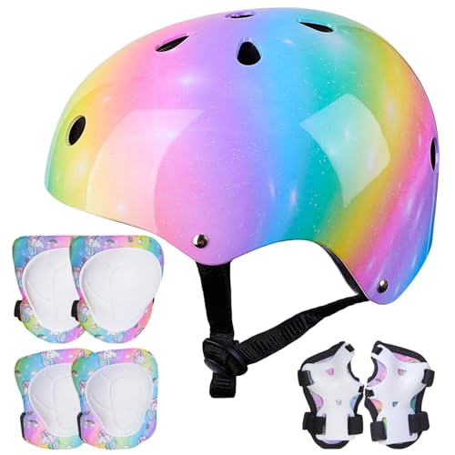 Kids Helmet Knee Elbow Pads Wrist Guards Wrist Guards Skateboard Helmets for Scooter Cycling Skating Girls 3-8 Years