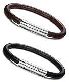 FIBO STEEL 2Pcs 6MM Leather Bracelet for Men Womens Rope Cuff Bracelet Stainless Steel Clasp 7.5-8.5 Inches