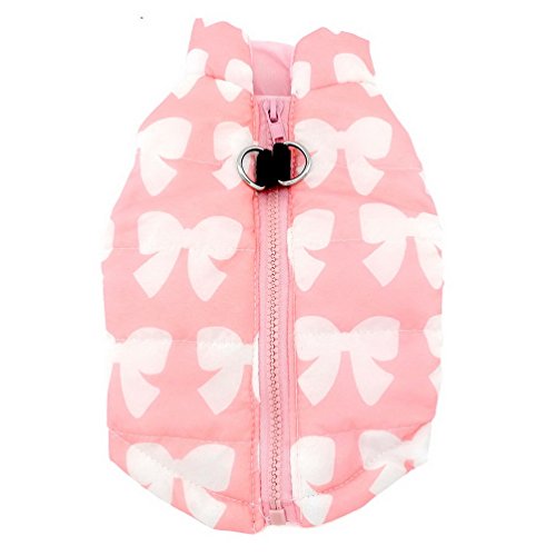 SELMAI Padded Bow Print Vest Coat with Harness Hoop for Small Dog Cat Puppy Pink M