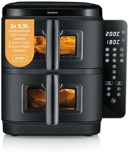 Duo Stack Heißluftfritteuse, 2 x 5,5 L Garraum, 2 Kammern, gesundes Kochen, 9 Automatik-Programme, Fritteuse ohne Fett, platzsparendes Design, doppelstöckig, S-Fry, 2800 W, schwarz, FR 9598