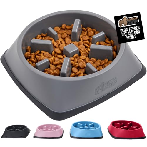GORILLA GRIP Patent Pending Slow Feeder Dog Bowls, Interactive Puzzle Toy for Dogs and Cats Food Training, Keeps Pets Busy and Prevents Puppy Overeating, All Breeds, 100% BPA Free, 1 Cup, Gray