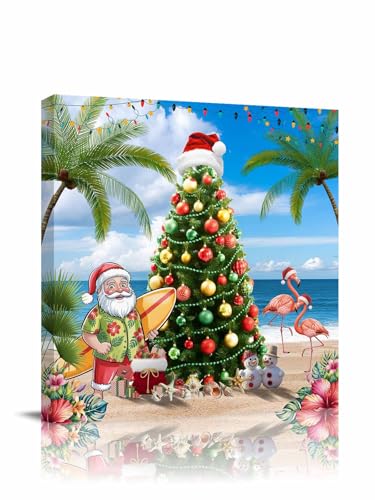 Beach Christmas Tree Canvas Wall Art,Coastal Santa Claus Red Xmas Hat Green Palm Tree Flamingo Blue Sky,Modern Wall Decor Gallery Canvas Wraps Giclee Print Stretched and Framed Ready to Hang,12" x 12" at Amazon