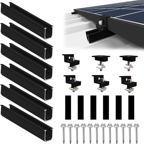 Sorlpv Solar Panel Mount for 2 x Modules, PV Mount Mounting Kit - 12 cm Black Rail + Adjustable Clamp for 30-35 mm Thick Modules, Aluminium Solar Panel Holder, Flat Roof, Trapezoidal Sheet Metal Roof