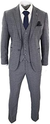 Mens Tweed Check Smart 3 Piece Suit Vintage Retro Classic Tailored Fit Grey Navy