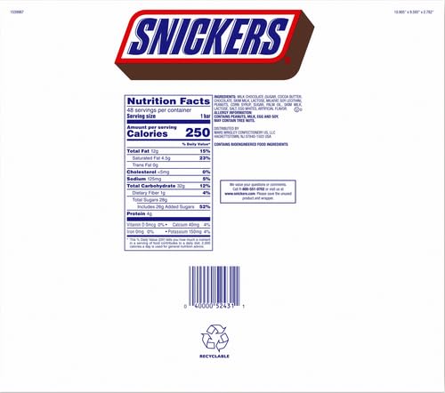 SNICKERS SINGLE BAR CHOCOLATE CANDY, 48 BARS OF 1.86OZ EACH.