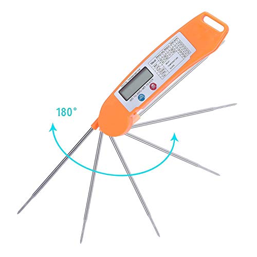 Instant Read Food Meat Thermometer, BaseWish Digital Electronic Cooking Thermometer with LCD Screen, Long Collapsible Safe 304 Stainless Steel Probe, for BBQ Grill Oven Candy Liquids Milk Tea, Orange