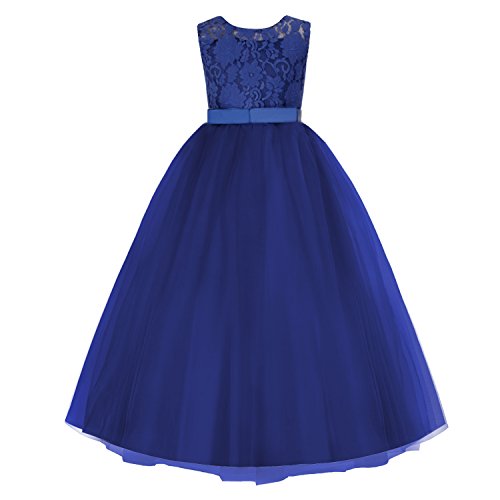 Acecharming Girls Lace Bridesmaid Wedding Dress with Bowknot Princess Prom Party Tulle Gown for 11-12 Year (Navy Blue)