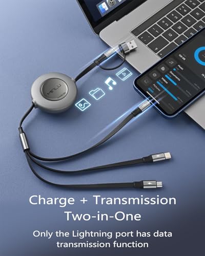 Minlu Multi Tip Charger Cable, 5 in 1 Retractable Multi USB Cable, 1.2 m Fast Charging Cable, Multi Charger Cable with Lightning Micro USB Type C for iPhone, Android, Galaxy Series, Tablet Series