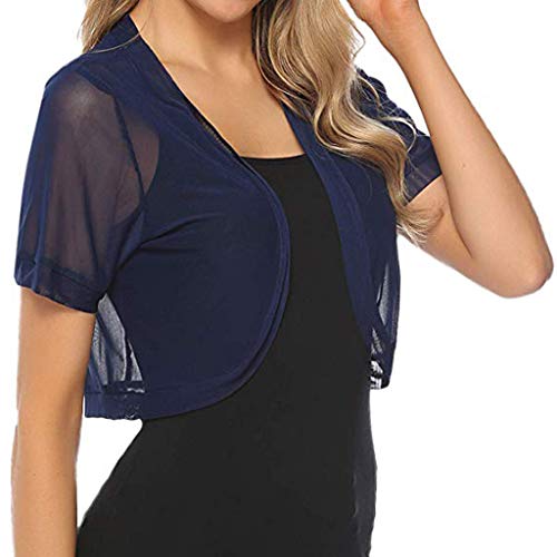 Summer Womens Tops Semi Sheer Short Sleeve Corp T-Shirt Chiffon Solid Basic Shrug Open Front Bolero Cardigan Tops Navy - Thumbnail 2
