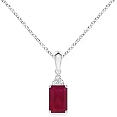 Angara Emerald-Cut Ruby Necklace with Diamond Trio in Sterling Silver/14K Solid Gold/Platinum | Natural Ruby Solitaire Pendant for Women | July Birthday, Anniversary, Gemstone Jewelry Gift