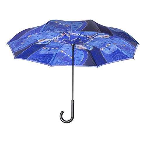 Galleria Reverse Close Stick Umbrella Laurel Burch Indigo Cats-art on both sides