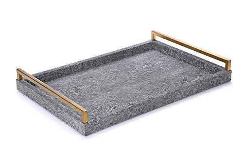 Decorative Tray Imitation Shagreen Leather with Brushed Gold Stainless Steel Handles (Gold and Dark Grey) - Thumbnail 4