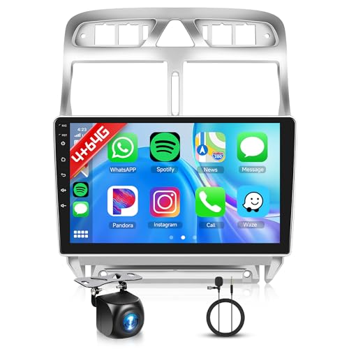 4G+64G Car Radio for Peugeot 307/307CC/307SW 2002-2013 9 Inch Android Radio with Carplay Wireless Android Auto Mirror Link GPS Navi Bluetooth WiFi/FM/RDS/EQ/SWC/USB Steering Wheel Controls Rear View Camera