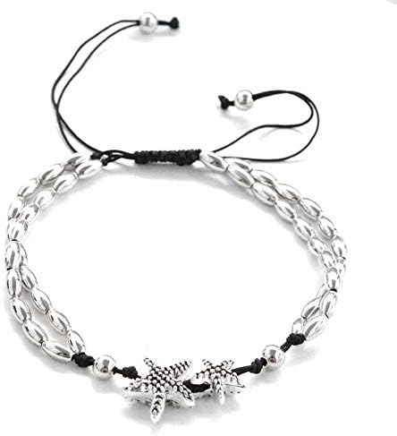 FAVOT Cute Handmade Beading Silver Starfish Anklets Hand-Woven Adjustable Ankle Chain for Women Beach Barefoot Accessories (Silver)