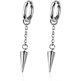 20GA 316L Stainless Steel Dangling Chain with Spike Huggie Hoop Earrings, Sold as a Pair