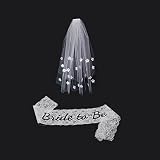 FCAROLYN Cathedral Bridal Wedding Elbow Rhinestone Flower Veil with Comb 2 Layers and White Lace Sash - Bachelorette Party Decorations Supplies