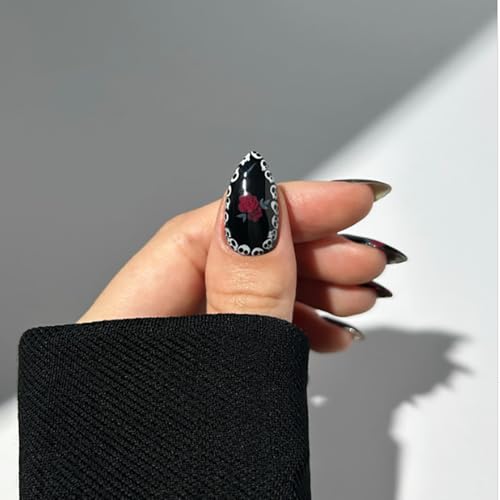 24 Pcs Black Nails Halloween Press on Nails Medium Length Fake Nails Almond RIICFDD False Nails with Red Rose and Skull Pattern Design Full Cover Horror Stick on Nails for Women and Girls - Image 4