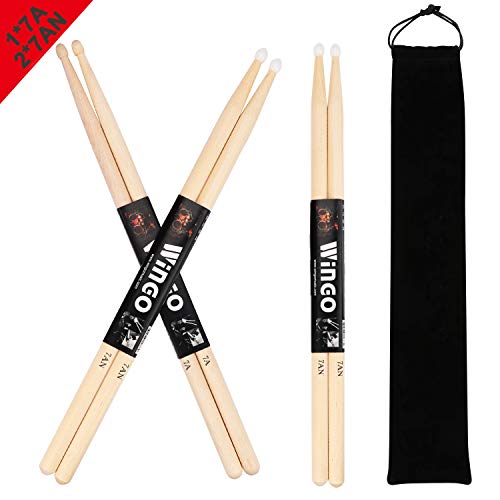 7A/7AN Drum Sticks with 1 Wood Tips and 2Nylon Tips - WINGO 3 Pack Maple Drumsticks with Carrying Bag Holder - Thumbnail 7