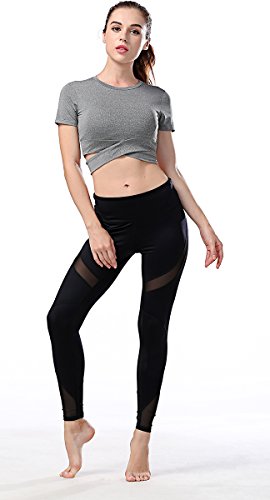Campeak 2 Pack Women's Yoga Gym Crop Top Compression Workout Athletic Short Sleeve Tank T Shirt (Grey and Black, S = Tab M)