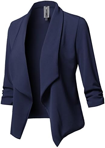 Solid Stretch 3/4 Gathered Sleeve Open Blazer Jacket Navy Size XL