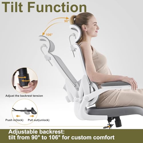 TONFARY Ergonomic Home Office Chair, High Back Mesh Desk Chair with Adjustable Lumbar Support, Flip-up Armrest, Removable Headrest, Swivel Computer Gaming Chair, Space Saving, 150KG (White+Grey)