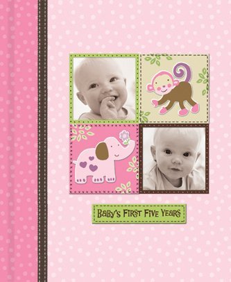 Baby Girl Memory Book Scrapbook Photo Picture Album with Storage Dividers Keepsake Box Baby's First Five Years Diary Journal Records Milestone Memories Precious Moments Pink Polka Dot Monkey Design