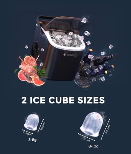 ecozy Ice Maker Machine Countertop, 9 Ice Cubes in 6 Mins, 12KG in 24Hrs, 2 Sizes of Ice, Self-Cleaning with Ice Bags, Scoop, and Basket for Kitchen, Office, Bar, Party