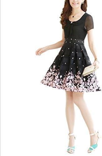 Amazon 清楚 花柄 ワンピース シフォン ドレス ｍ 黒 ピンク花 ワンピース チュニック 通販