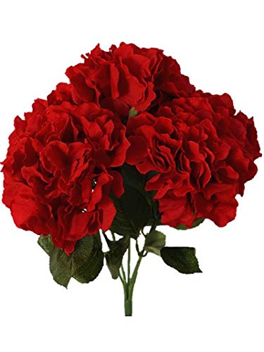Sweet Home Deco 18" Super Soft Silk Hydrangea Artificial Flower Bouquet (5-stem, 5mop Heads), with No Pot(centerpieces/Wedding Decoration) (Red)