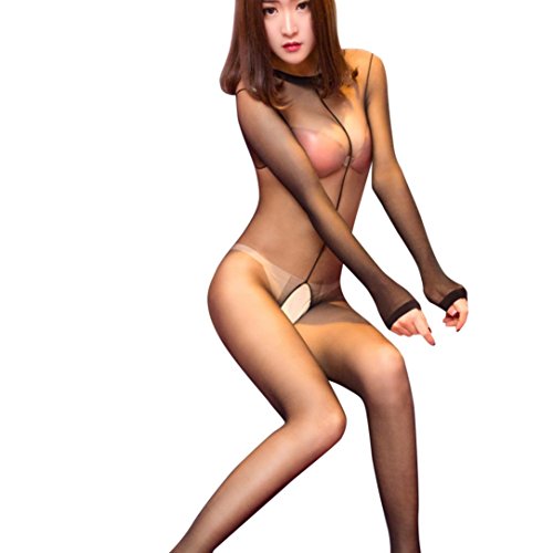 Makaor Women Erotic Long Sleeve Lingerie Bodystocking Seamless Sheer Crotchless Body Tights (Black, Free Size:ï¼ˆHeight: 63.0-68.9 Weight<73kgï¼‰)