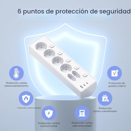 Desktop Power Strip with USB C (PD 30W), Individual Switches Desktop Power Socket, Surge Protection Sockets, 2 Meter Cable for Home Office, 2 M Cable, White