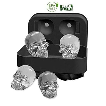 Mam Creations 3D Skull Ice Cube Tray Mould, Makes Four Vivid Skulls, Food Grade Flexible Silicone Ice Cube Maker in Shapes for Whiskey Ice and Cocktails (Assorted Colours)