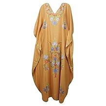 Mogul Interior Womens Caftan Maxi Dress Orange Embroidered Boho Kaftan One Size
