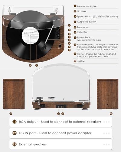 Vinyl Turntable with Two Stereo Speakers, Wireless Belt Drive Turntable 3 Speeds AT-3600L Cartridge Vintage RCA Output