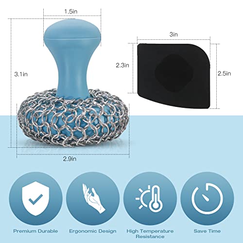Cast Iron Scrubber + Pan Scraper, Upgraded Cast Iron Cleaner with Ergonomic Handle, Chainmail Scrubber for Cast Iron Pans and Skillets, Dishwasher Safe (Blue, Pack of 2)