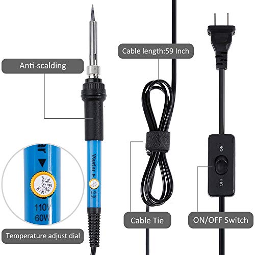 Vastar AC222 Soldering Iron Kit, 16 in 1 60W Welding Soldering Iron Temperature Adjustable with On/Off Switch, Soldering Tips, Desoldering Pump, Soldering Wire, Soldering Station Anti-static Tweezers