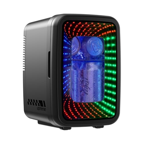 Upstreman Mini Fridge for Bedroom, 4 Liter/6 Cans, Mini Fridge with Infinite Lights, Cooling, 12V/220V, Mini Gaming Fridge for Game Room, Dorm, Car, Black, TR4-S