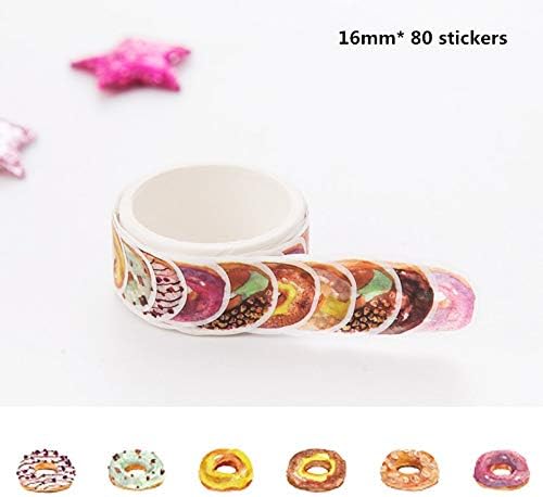 2 Rolls of Collage Paper Tape, Hand Account Creative and Paper Separate Printing Tape, DIY Decoration Tools，Donut Sticker 16mm* 80 Stickers